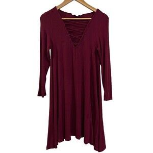 American Eagle Soft & Sexy Long Sleeve Burgundy Ribbed Swing Mini Dress Size M